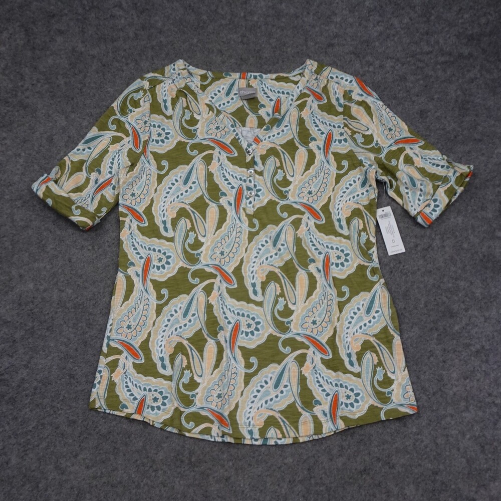 Chicos Top Womens 0 Regular Small S Green Shirt Pullover Henley Paisley Tee Slub